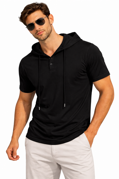Men’s Short Sleeve Hooded Henley T-Shirt – Slim Fit Cotton Hoodie Tee with Drawstrings
