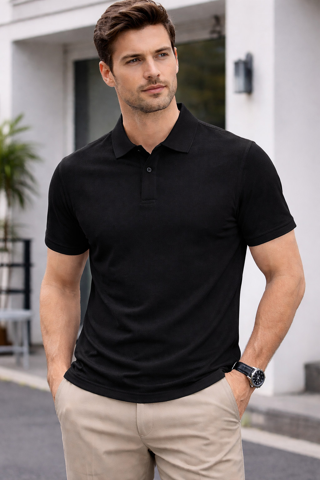 Men's Black Short Sleeve Collar Polo T-shirt