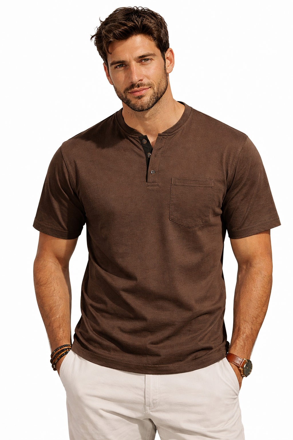 Men’s Henley T-Shirt – Short Sleeve Cotton Crew Neck with Pocket | Casual Summer Slim Fit Tee