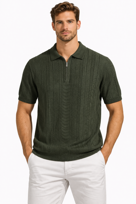 Men’s Textured Knit Zip Polo Shirt – Slim Fit Short Sleeve Summer Smart Casual Top