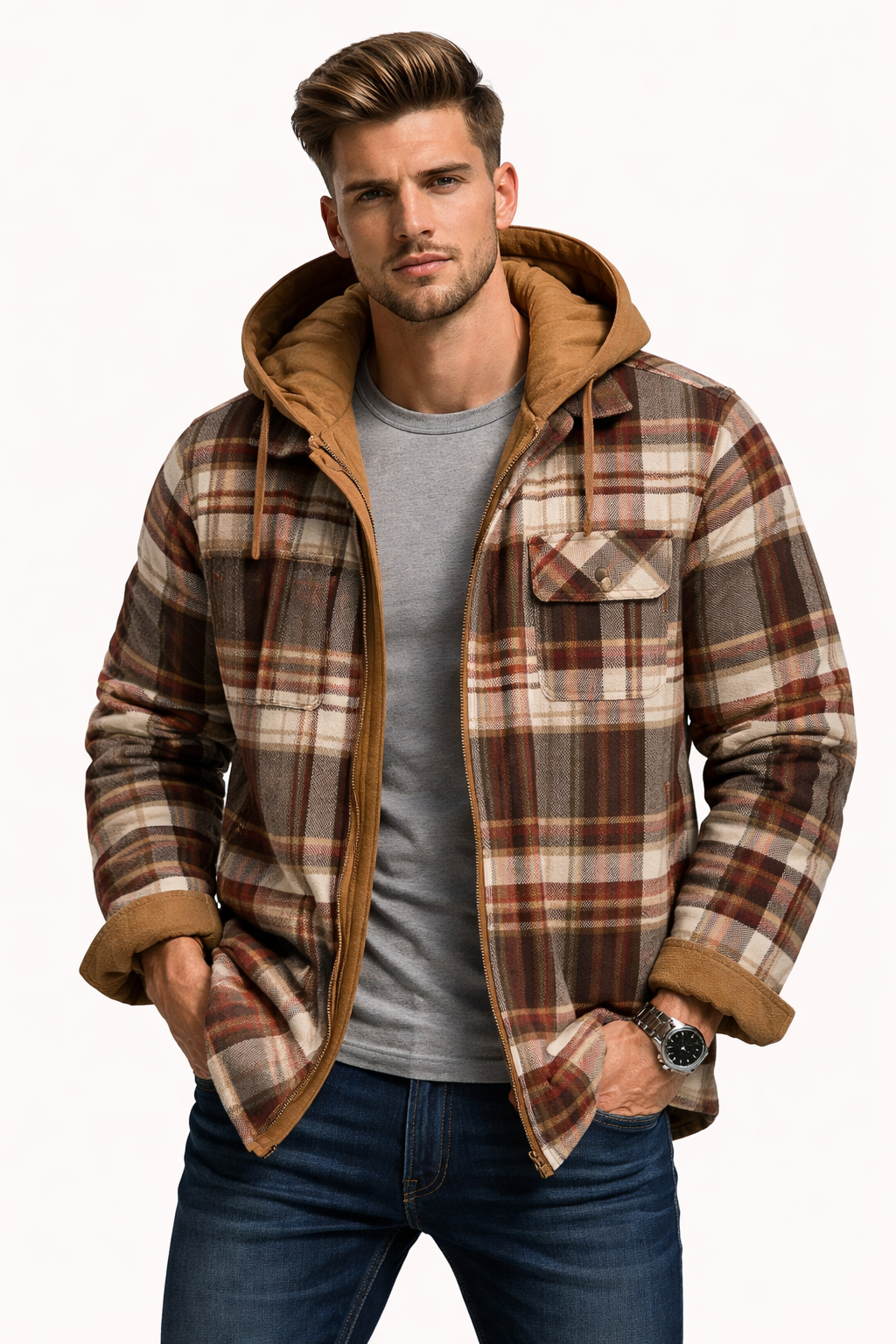 ThermalShield Quilted Fleece-Lined Plaid Hooded Jacket