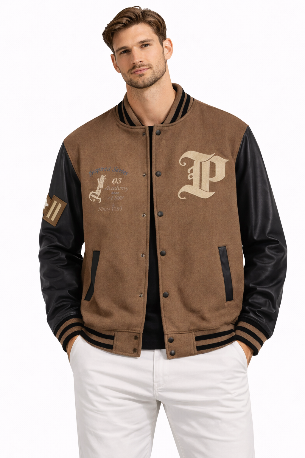 Men’s Varsity Brown Jacket – Premium Letterman College Style Bomber with Embroidery