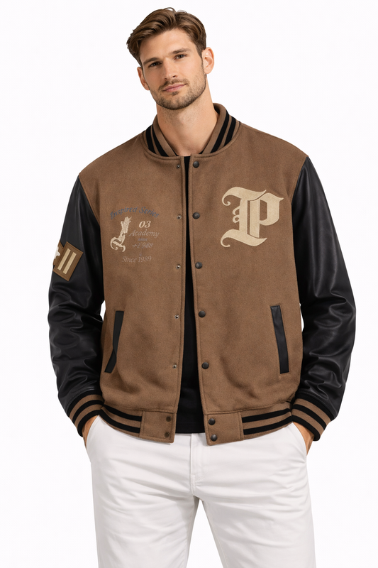 Men’s Varsity Brown Jacket – Premium Letterman College Style Bomber with Embroidery