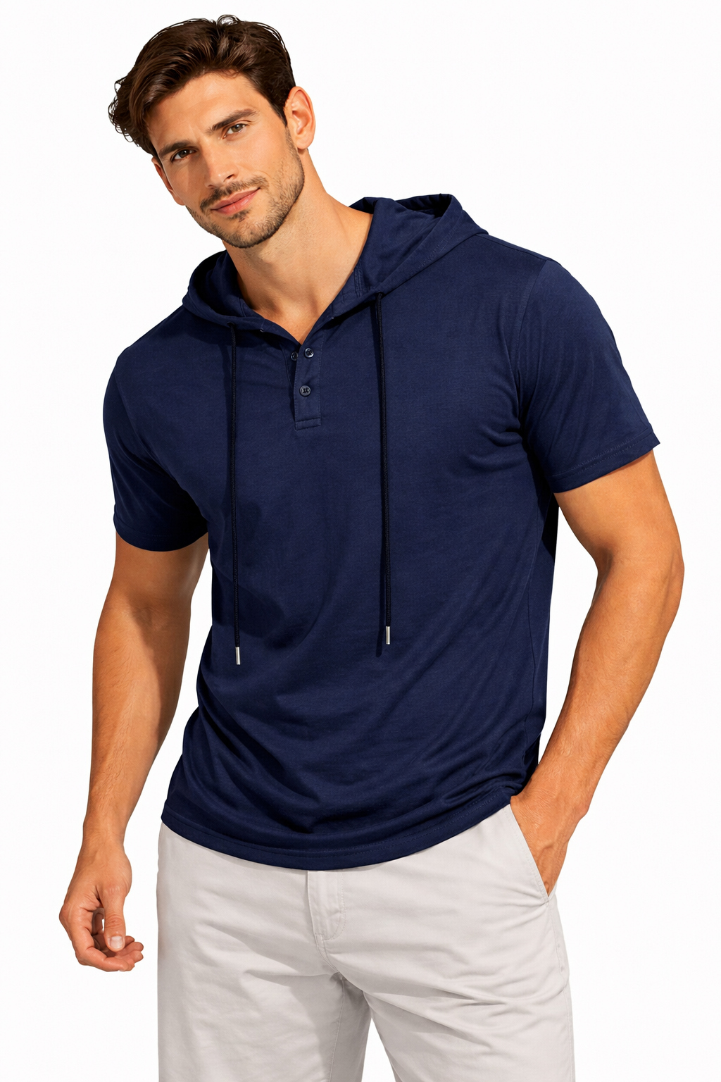 Men’s Short Sleeve Hooded Henley T-Shirt – Slim Fit Cotton Hoodie Tee with Drawstrings