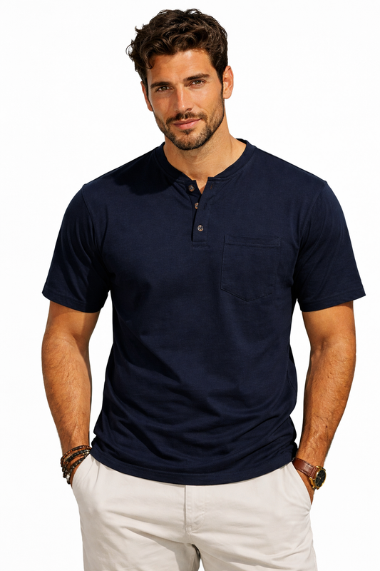 Men’s Henley T-Shirt – Short Sleeve Cotton Crew Neck with Pocket | Casual Summer Slim Fit Tee