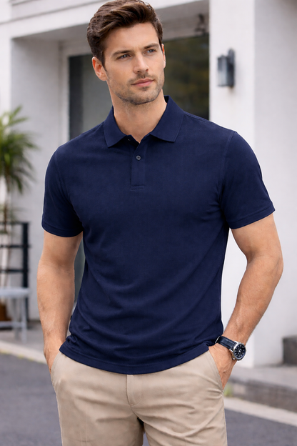 Men's Dark Blue Short Sleeve Collar Polo T-shirt