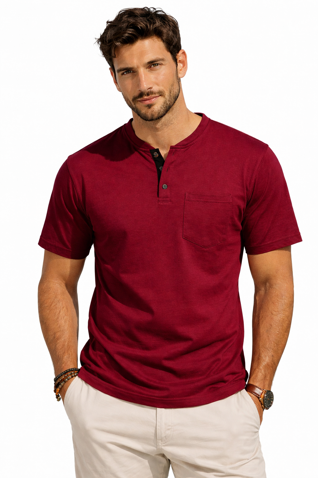 Men’s Henley T-Shirt – Short Sleeve Cotton Crew Neck with Pocket | Casual Summer Slim Fit Tee