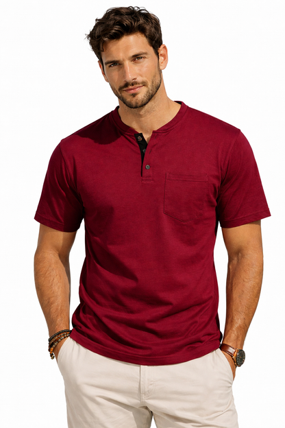 Men’s Henley T-Shirt – Short Sleeve Cotton Crew Neck with Pocket | Casual Summer Slim Fit Tee
