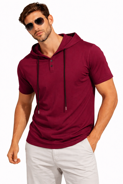 Men’s Short Sleeve Hooded Henley T-Shirt – Slim Fit Cotton Hoodie Tee with Drawstrings