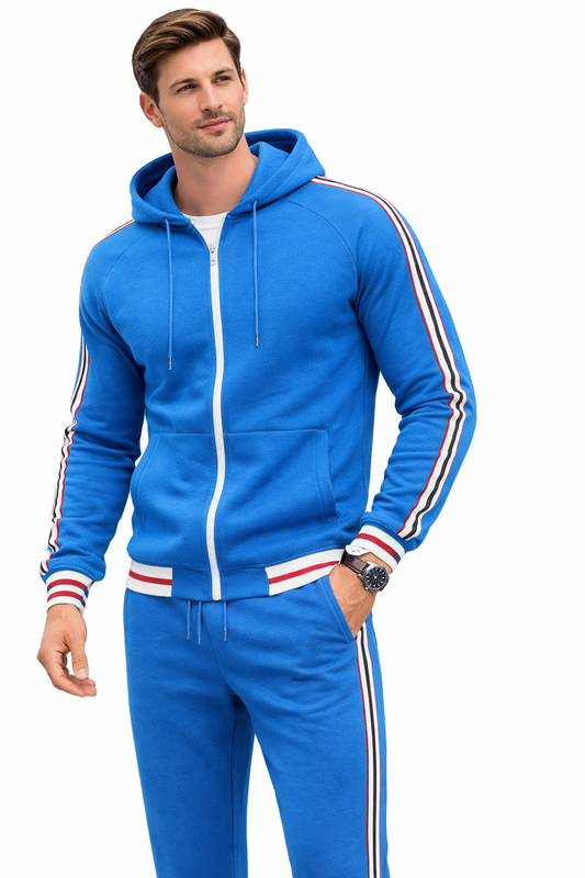 Men's Blue Zipped Hoodie Stripe Tracksuit