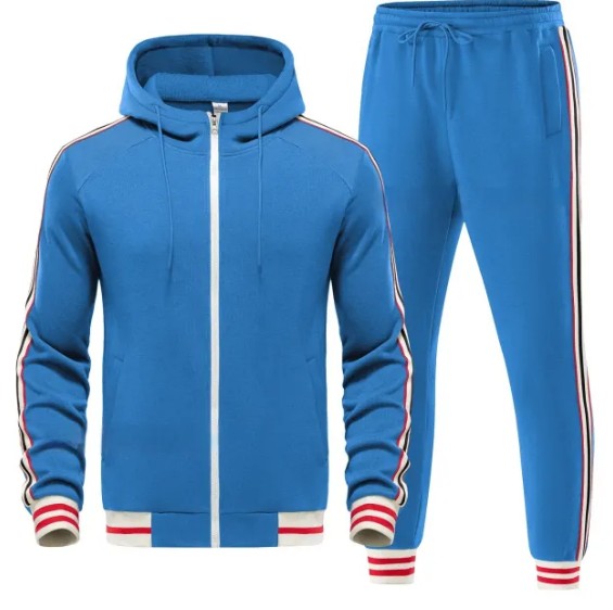 Men's Blue Zipped Hoodie Stripe Tracksuit