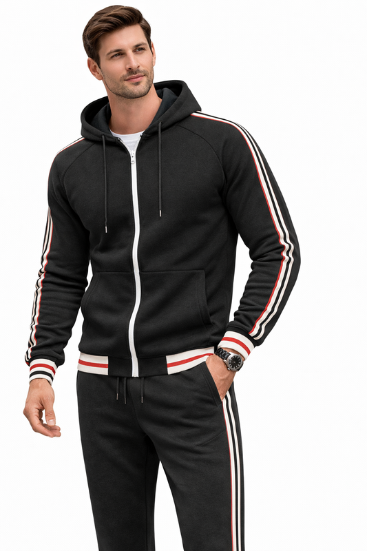 Men's Black Zipped Hoodie Stripe Tracksuit
