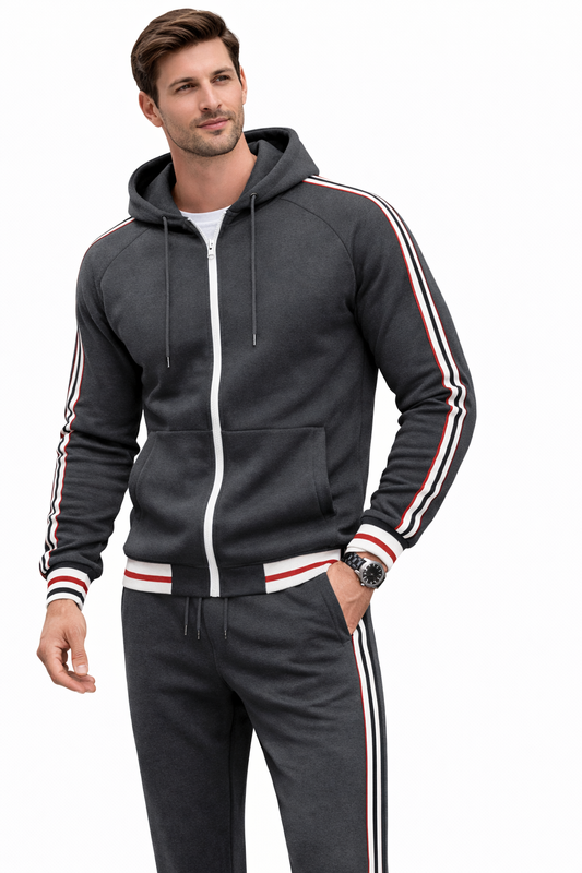 Men's Dark Gray Zipped Hoodie Stripe Tracksuit