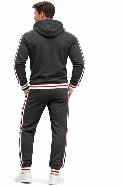 Men's Dark Gray Zipped Hoodie Stripe Tracksuit