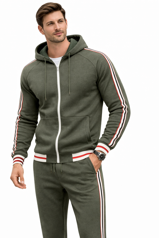 Men's Dark Green Zipped Hoodie Stripe Tracksuit