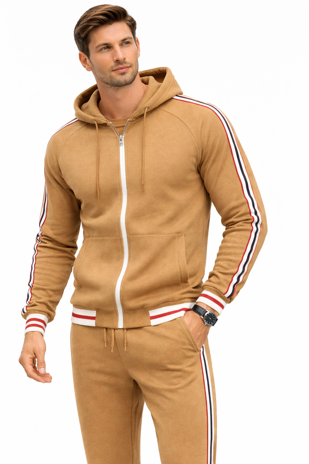 Men's Khaki Zipped Hoodie Stripe Tracksuit