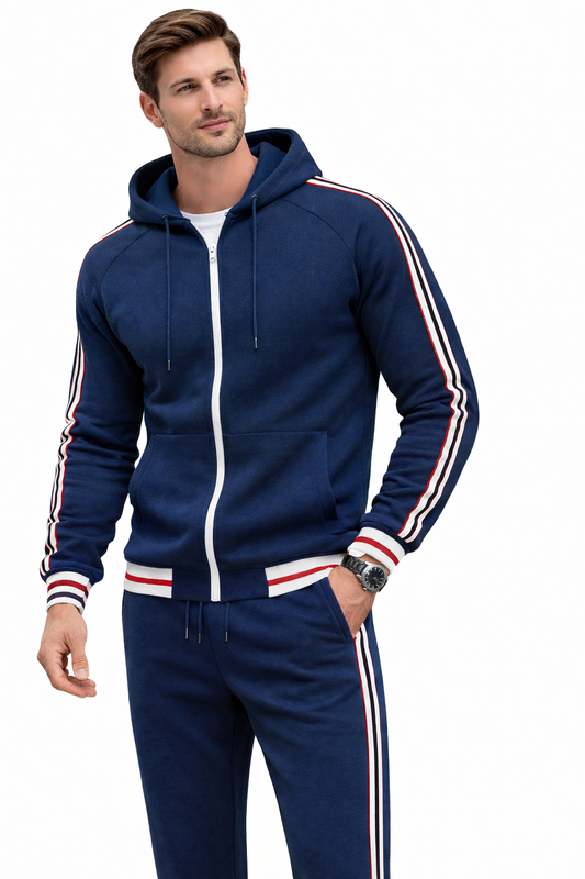 Men's Navy Blue Zipped Hoodie Stripe Tracksuit