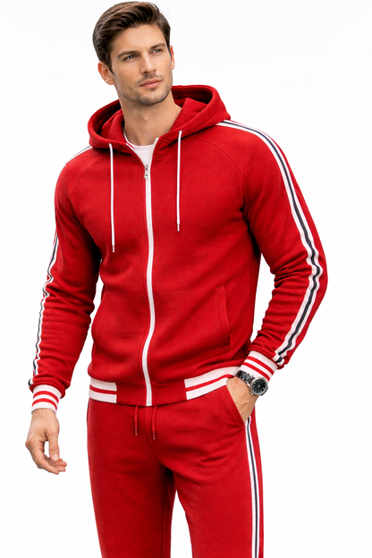 Men's Red Zipped Hoodie Stripe Tracksuit