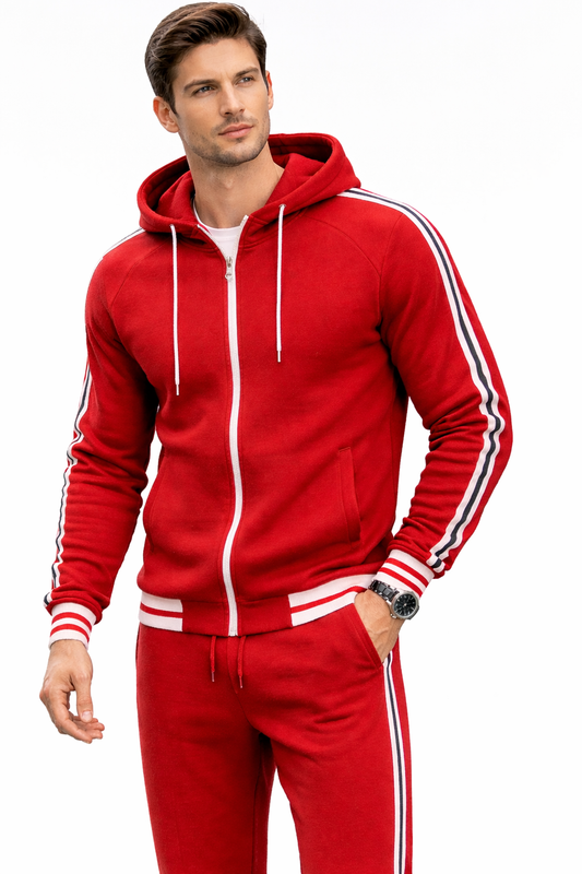 Men's Red Zipped Hoodie Stripe Tracksuit