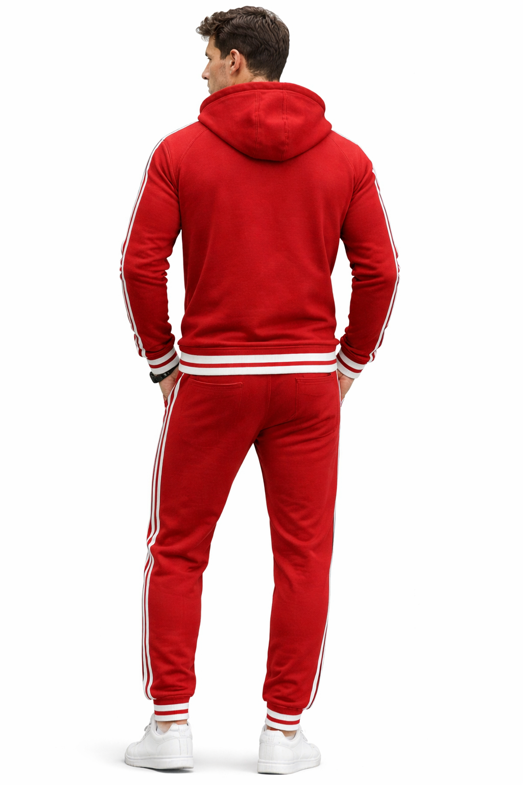 Men's Red Zipped Hoodie Stripe Tracksuit