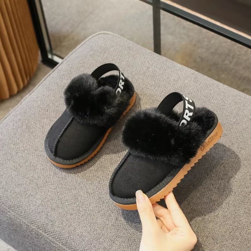 Children Toes Wrapped Plush Slippers Kids Classic Slippers Winter anti Slip Thick Soled Girls Fur Cotton Shoes Britain Style