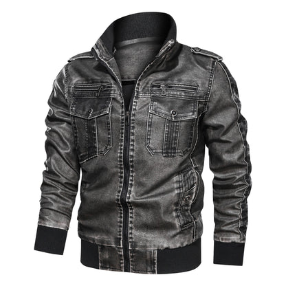 3D Washed PU Leather Jacket Plus Size Motorcycle Leather Coat