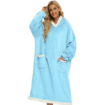 Winter Blanket Extended Vertical Pocket Fleece Lazy Blanket Flannel Lamb Wool Tv Tv Blanket Bathrobe Hooded Nightgown Casual Laz