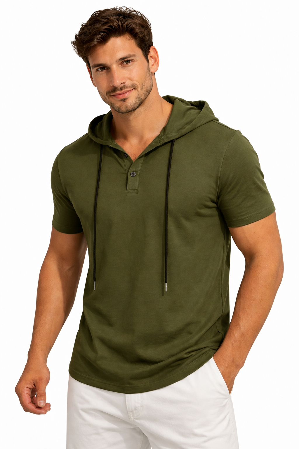 Men’s Short Sleeve Hooded Henley T-Shirt – Slim Fit Cotton Hoodie Tee with Drawstrings