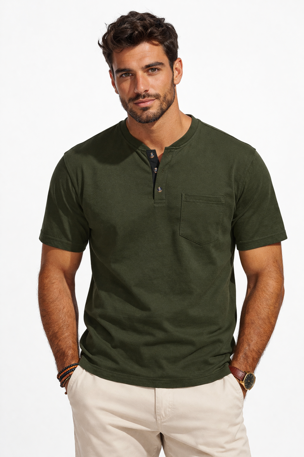 Men’s Henley T-Shirt – Short Sleeve Cotton Crew Neck with Pocket | Casual Summer Slim Fit Tee