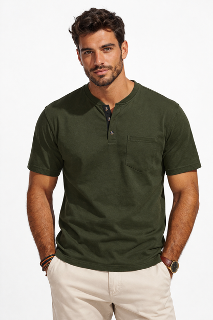 Men’s Henley T-Shirt – Short Sleeve Cotton Crew Neck with Pocket | Casual Summer Slim Fit Tee