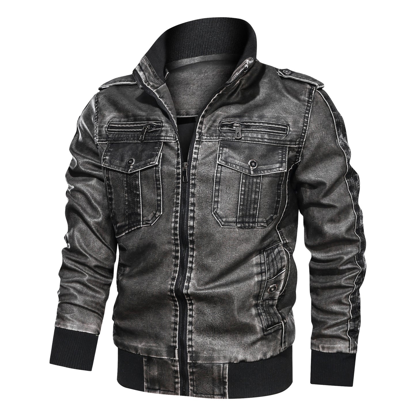 3D Washed PU Leather Jacket Plus Size Motorcycle Leather Coat