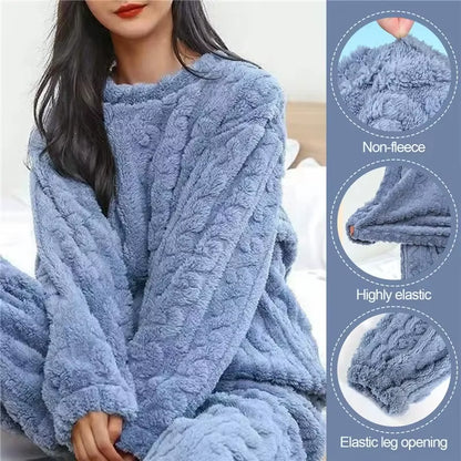 Soft Coral Velvet Jacquard Warm Pajama Set for Women Cozy Loungewear Outerwear for Winter Christmas Back to School Gift ﻿
