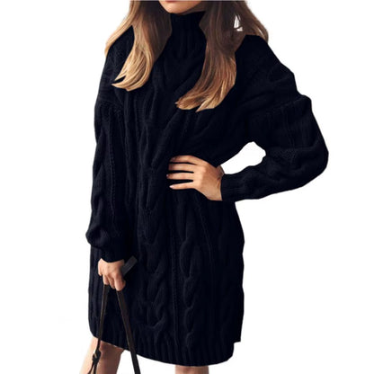 Lady Sweater Dress Solid Color Warm High Collar Twisted Long Sleeve Dresses Knitted Pullovers Sweaters for Work