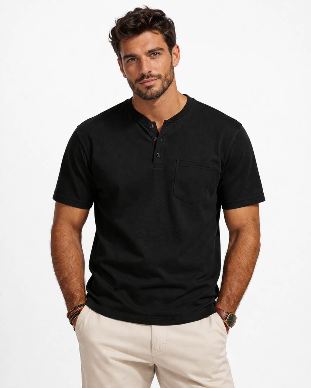 Men’s Henley T-Shirt – Short Sleeve Cotton Crew Neck with Pocket | Casual Summer Slim Fit Tee