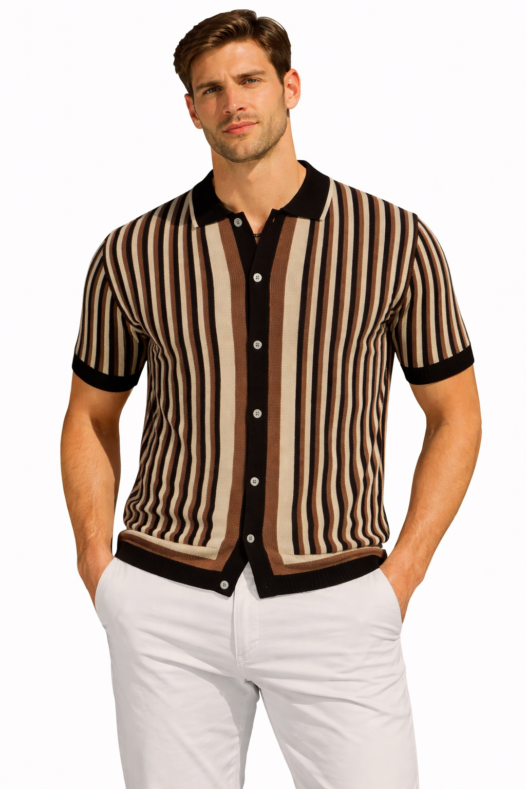 Men’s Brown Stripe Polo Shirt – Slim Fit Retro Knit Button Front Tee