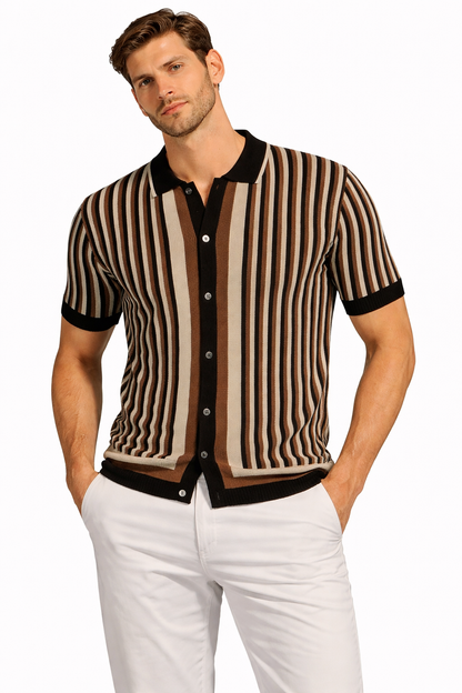 Men’s Brown Stripe Polo Shirt – Slim Fit Retro Knit Button Front Tee