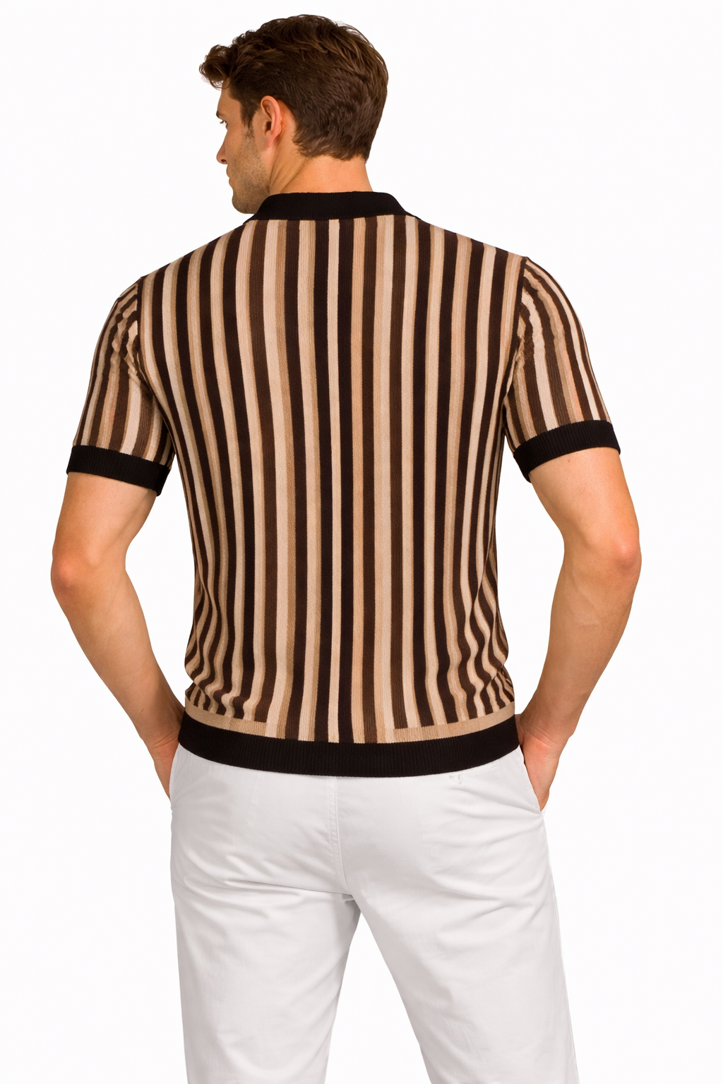 Men’s Brown Stripe Polo Shirt – Slim Fit Retro Knit Button Front Tee
