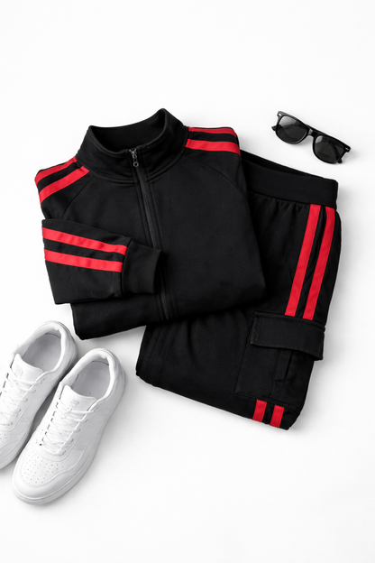 Premium Black & Red Stripe Tracksuit Set – Streetwear Athletic Fit