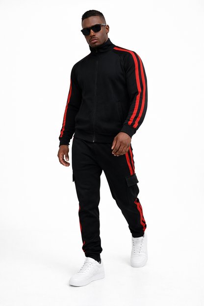 Premium Black & Red Stripe Tracksuit Set – Streetwear Athletic Fit