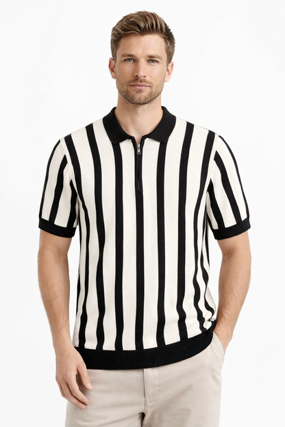 Men’s Retro Stripe Knit Polo Shirt – Black & Cream Zip Collar Summer Tee