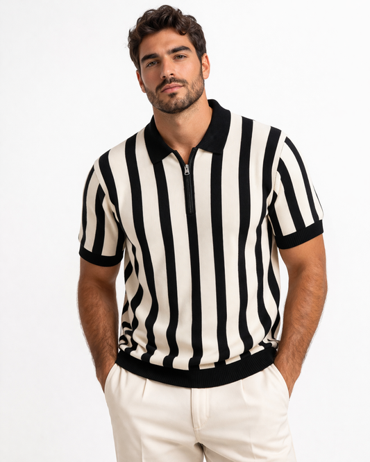 Men’s Retro Stripe Knit Polo Shirt – Black & Cream Zip Collar Summer Tee
