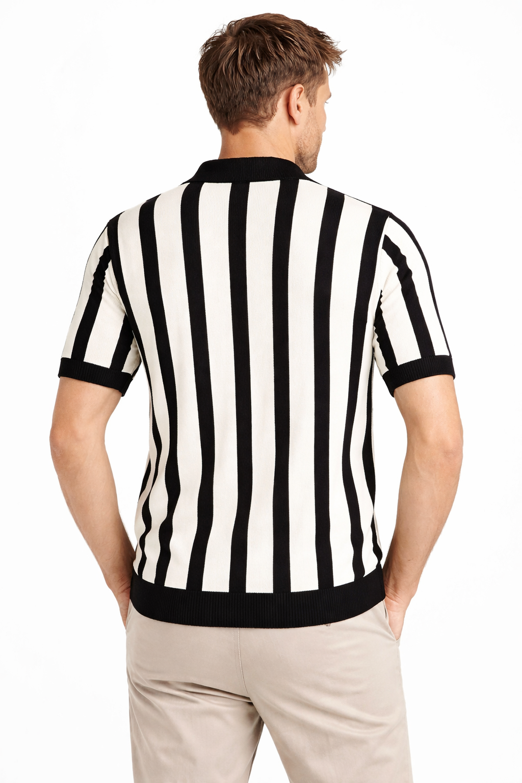 Men’s Retro Stripe Knit Polo Shirt – Black & Cream Zip Collar Summer Tee