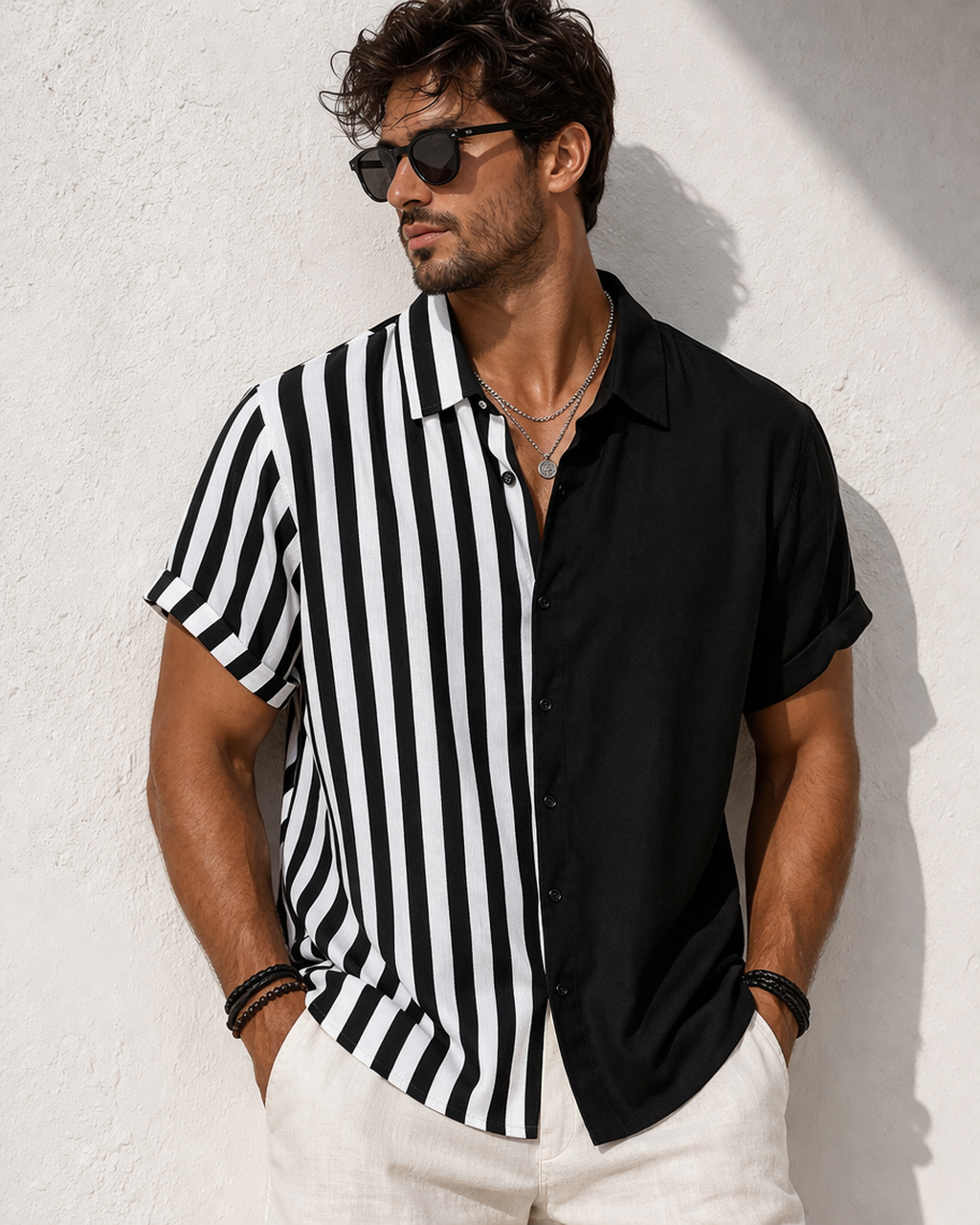 Two-tone Striped Print Casual Men's Shirt - Black
