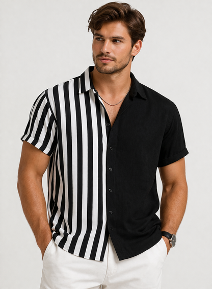 Two-tone Striped Print Casual Men's Shirt - Black