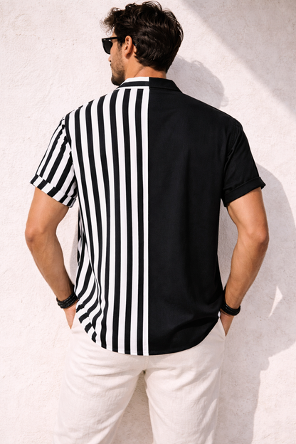 Two-tone Striped Print Casual Men's Shirt - Black