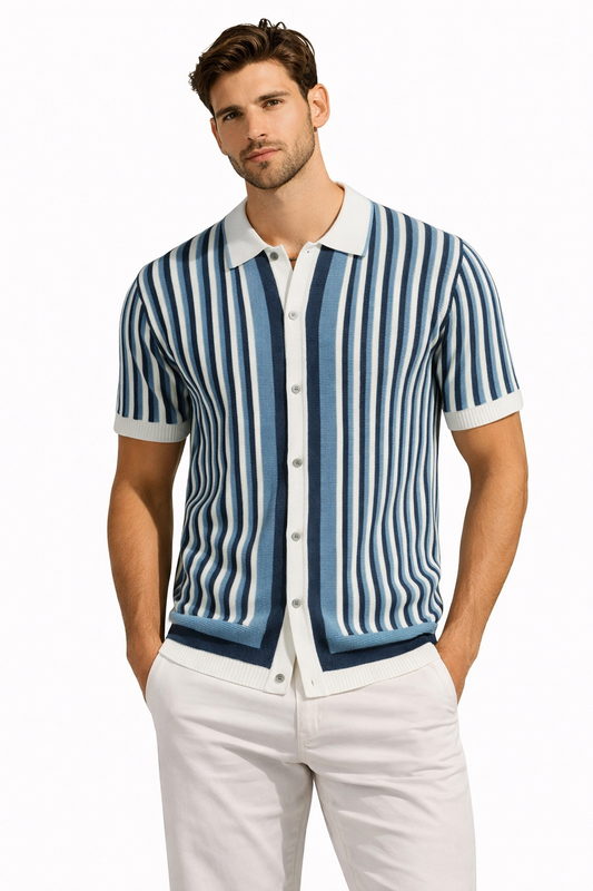 Men’s Blue Stripe Polo Shirt – Slim Fit Retro Knit Button Front Tee