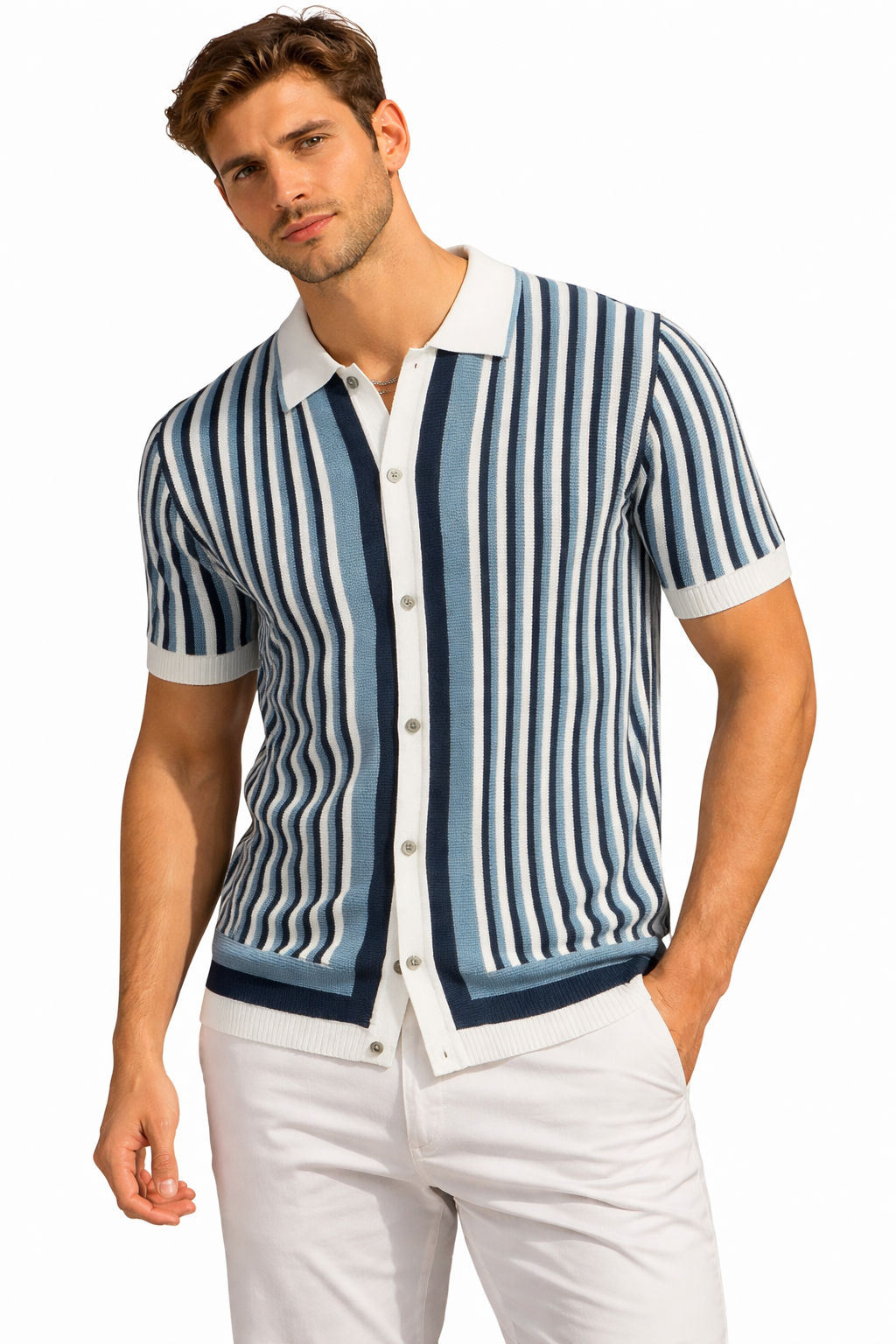 Men’s Blue Stripe Polo Shirt – Slim Fit Retro Knit Button Front Tee