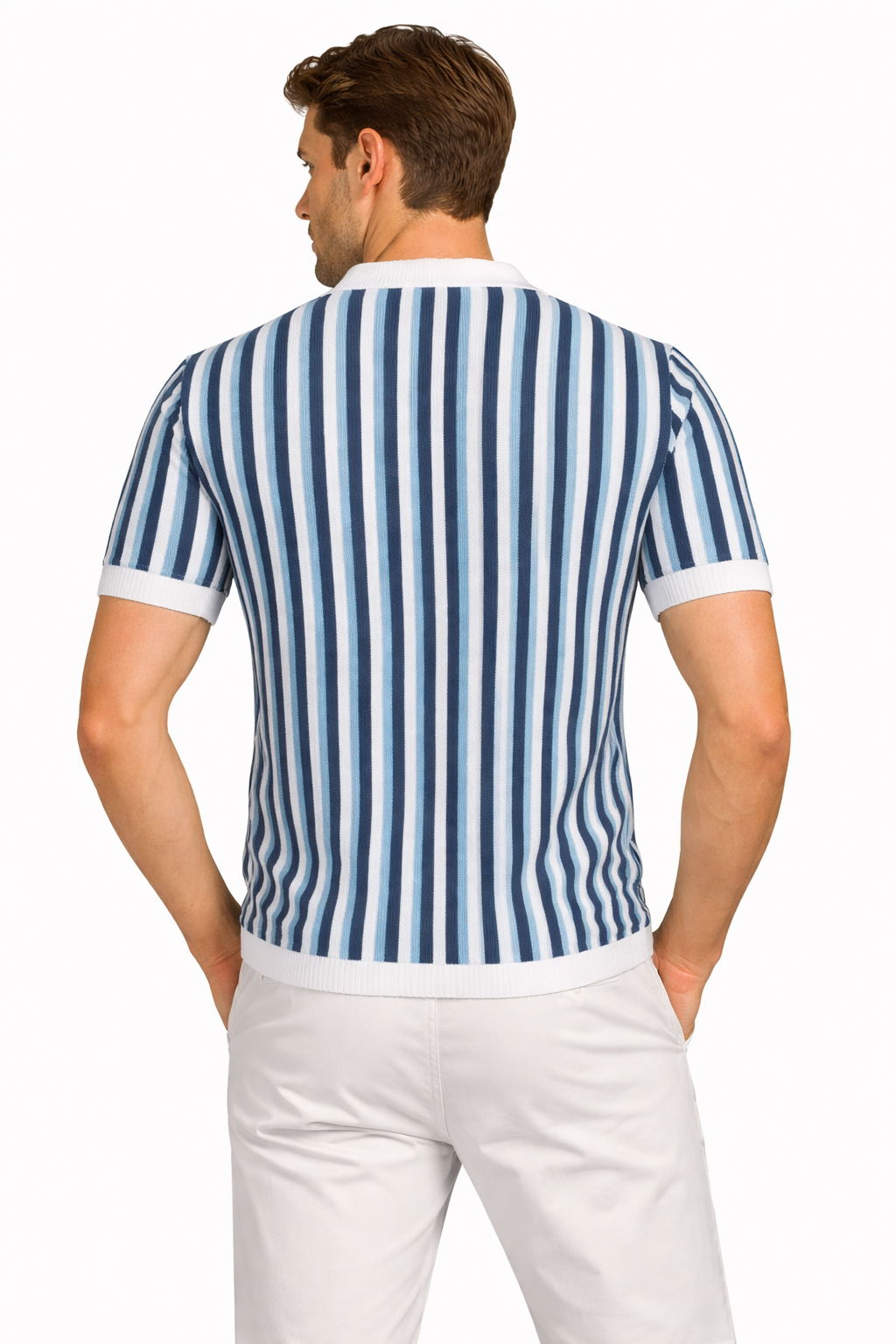 Men’s Blue Stripe Polo Shirt – Slim Fit Retro Knit Button Front Tee