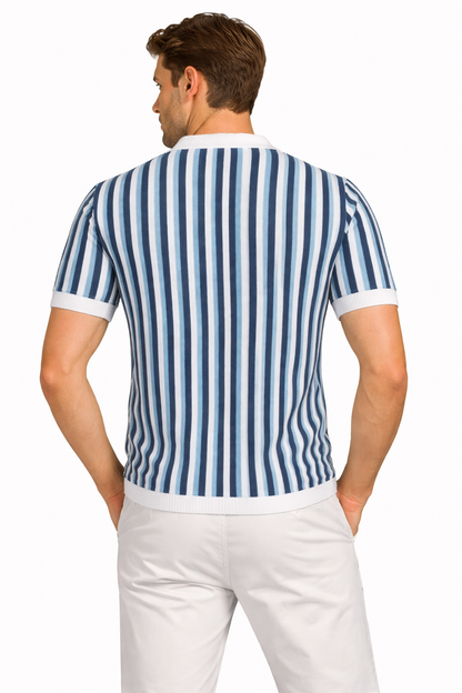 Men’s Blue Stripe Polo Shirt – Slim Fit Retro Knit Button Front Tee