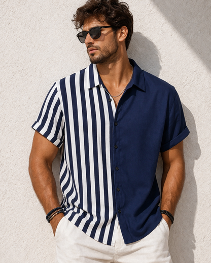 Two-tone Striped Print Casual Men's Shirt - Blue